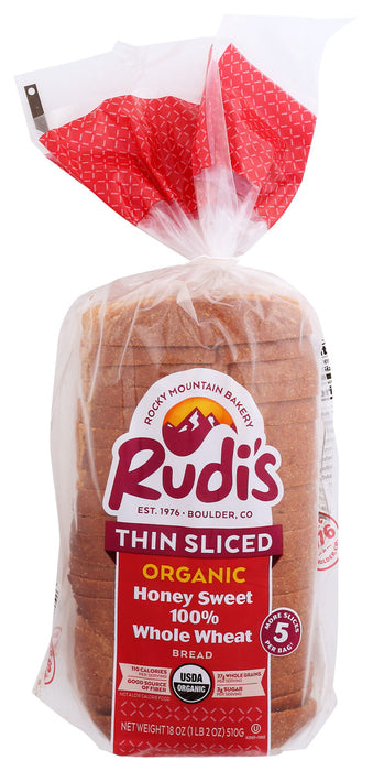 RUDIS: Thin Sliced Honey Sweet 100 Percent Whole Wheat Bread, 18 oz