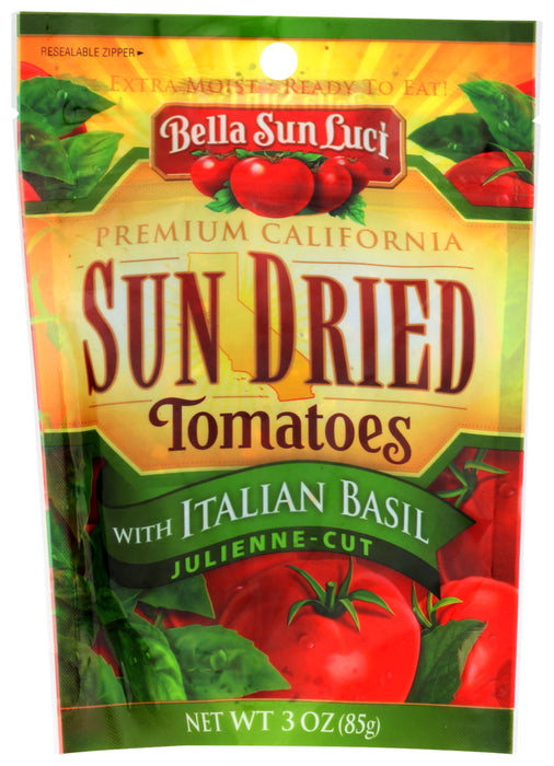 BELLA SUN LUCI: Sun Dried Tomatoes With Italian Basil Julienne Cut, 3 oz