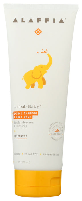 ALAFFIA: Baobab Baby Unscented 2in1 Shampoo & Body Wash, 8 fo