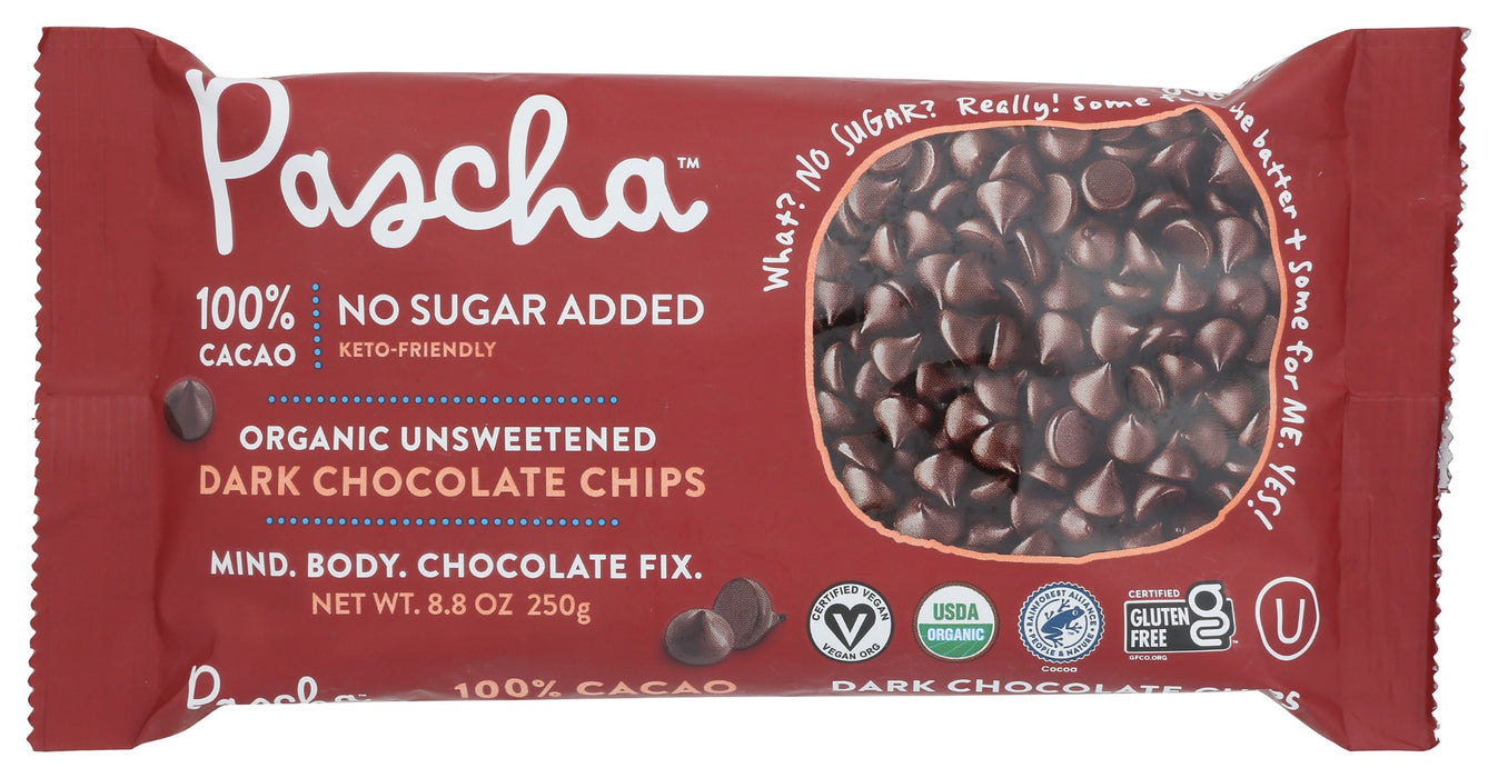 PASCHA: 100 Percent Cacao Organic Vegan Unsweetened Dark Chocolate Chips, 8.8 oz