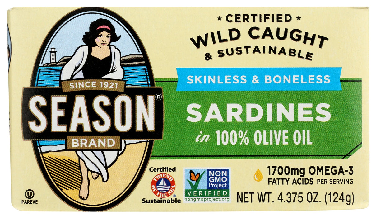 SEASONS: Skinless and Boneless Sardines In Pure Olive Oil, 4.375 oz