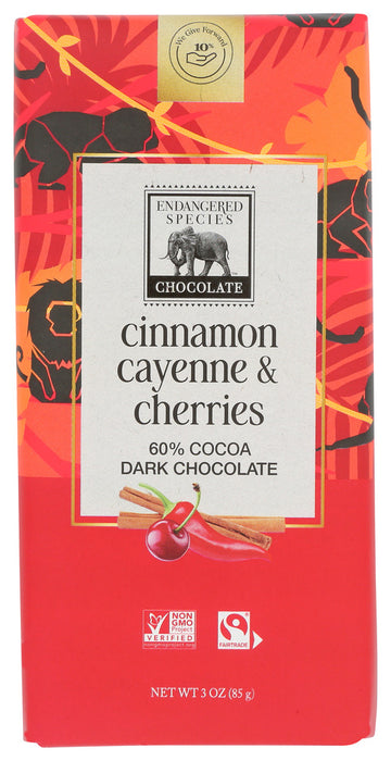 ENDANGERED SPECIES: Chocolate Natural 60% Dark Chocolate Bar Cinnamon Cayenne & Cherries, 3 Oz