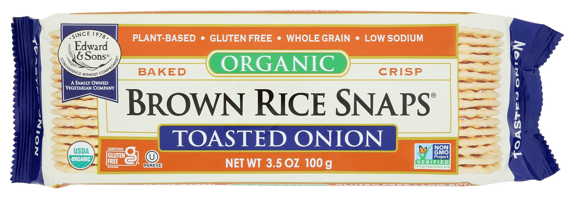 EDWARD & SONS: Organic Toasted Onion Baked Brown Rice Snaps, 3.5 oz