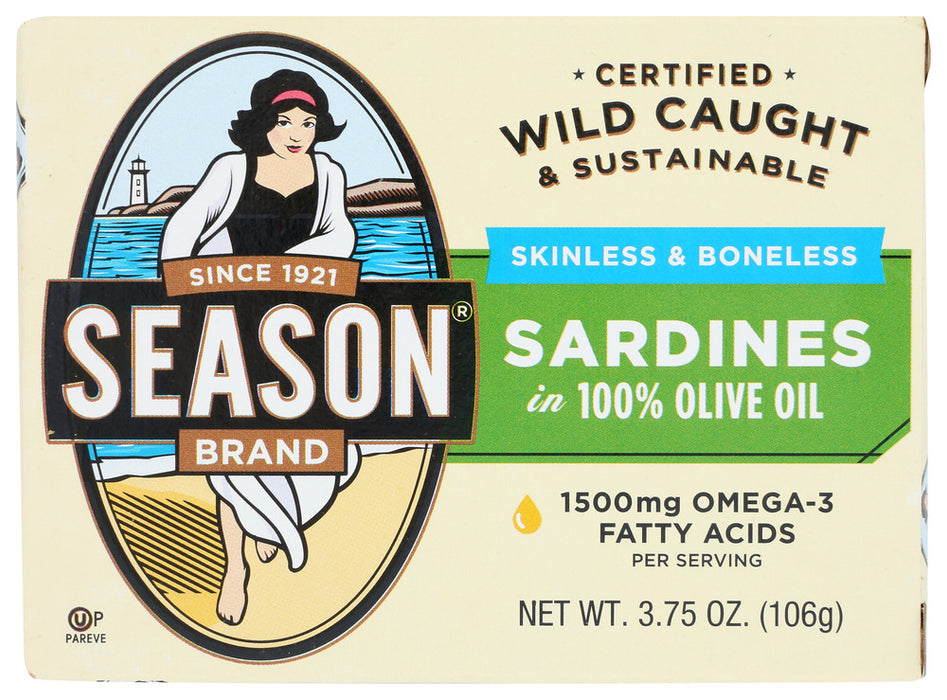 SEASON BRAND: Skinless and Boneless Imported Sardines in Pure Olive Oil, 3.75 Oz