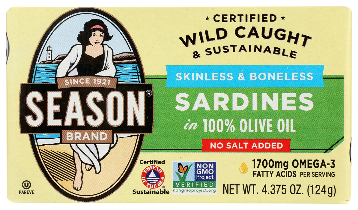 SEASONS: Skinless and Boneless Sardines In Pure Olive Oil No Salt Added, 4.375 oz