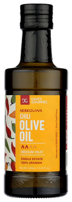 DAVES GOURMET: Arbequina Chili Olive Oil Medium Heat, 250 ml
