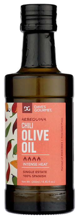 DAVES GOURMET: Arbequina Chili Olive Oil Intense Heat, 250 ml