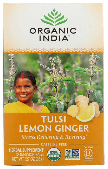 ORGANIC INDIA: Tulsi Lemon Ginger Tea, 18 Tea Bags, 1.27 oz
