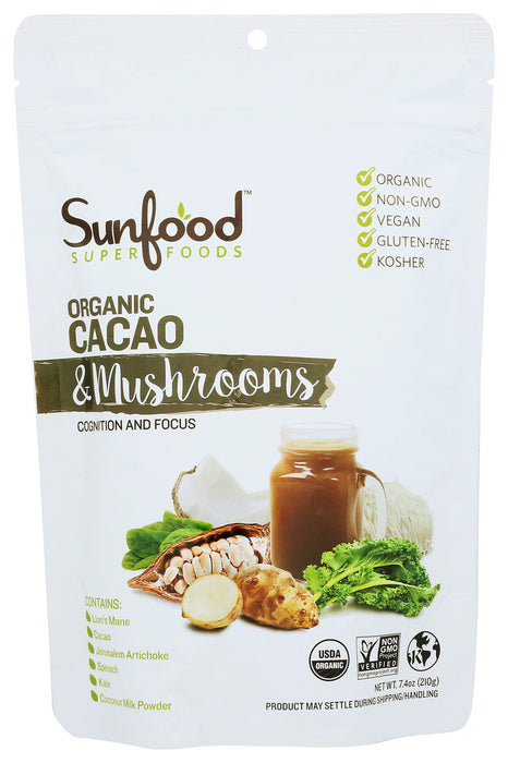 SUNFOOD SUPERFOODS: Organic Cacao And Mushrooms Powder Drink Mix, 7.4 oz