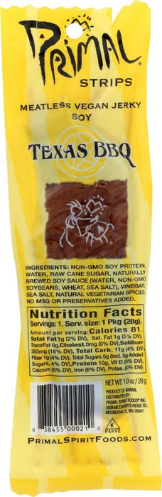 PRIMAL STRIPS: Meatless Vegan Jerky Soy Texas BBQ, 1 oz