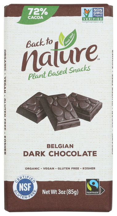 BACK TO NATURE: 72 Percent Dark Belgian Chocolate Bar, 3 oz