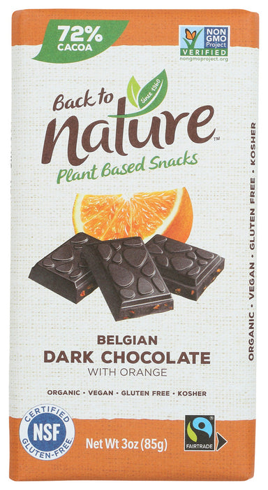 BACK TO NATURE: Dark Belgian Chocolate Bar With Orange, 3 oz