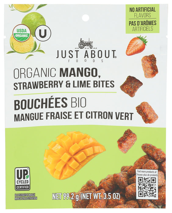 JUST ABOUT FOODS: Organic Mango Strawberry and Lime Bites, 3.5 oz