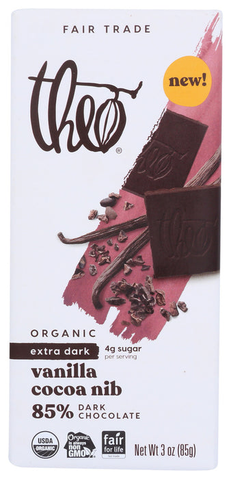 THEO CHOCOLATE: Vanilla Cocoa Nib Dark Chocolate Bar, 3 oz