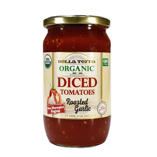 BELLA TERRA: Tomatoes Diced Roasted Garlic Organic, 24 oz