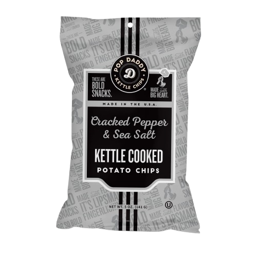 POP DADDY POPCORN & PRETZELS: Cracked Pepper and Sea Salt Kettle Cooked Potato Chips, 5 oz