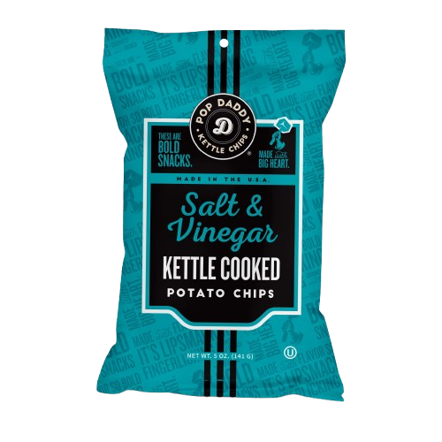 POP DADDY POPCORN & PRETZELS: Salt and Vinegar Kettle Cooked Potato Chips, 5 oz