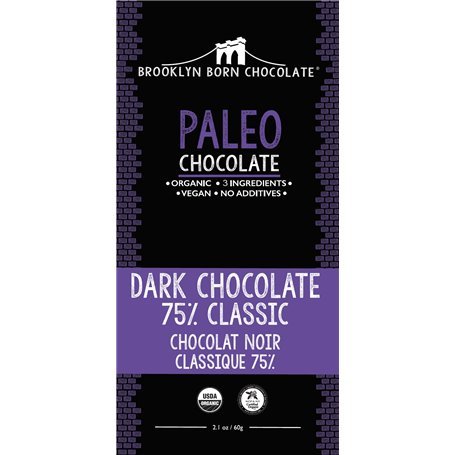 BROOKLYN BORN CHOCOLATE: Paleo Dark Chocolate 75 Percent Bar, 2.1 oz