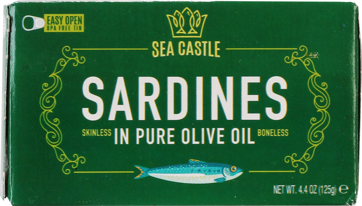 SEA CASTLE: Skinless and Boneless Sardines in Pure Olive Oil, 4.4 oz