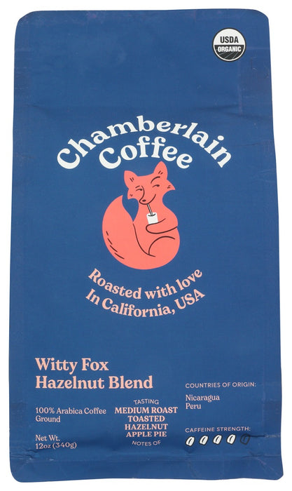 CHAMBERLAIN COFFEE: Witty Fox Hazelnut Coffee Bag Fresh Ground, 12 oz